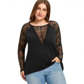 PLUS SIZE SHEER LACE TRIM TOP (BLACK)