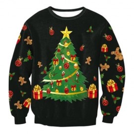 TRENDY ROUND COLLAR CHRISTMAS TREE PRINT WOMEN SWEATSHIRT (BLACK)