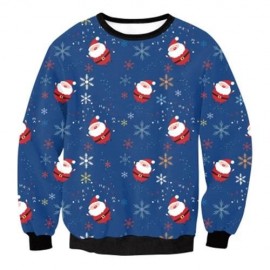TRENDY ROUND COLLAR SANTA CLAUS PRINT WOMEN SWEATSHIRT (BLUE)