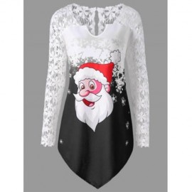 CHRISTMAS PLUS SIZE LACE TRIM SANTA CLAUS T-SHIRT (BLACK)