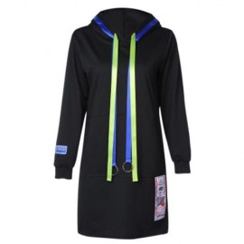 HOODED LONG SLEEVE DRAWSTRING LOOSE POCKET WOMEN HOODIE (BLACK)