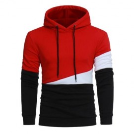 DRAWSTRING COLOR BLOCK PANEL FLEECE PULLOVER HOODIE (RED)