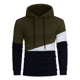 DRAWSTRING COLOR BLOCK PANEL FLEECE PULLOVER HOODIE (ARMY GREEN)