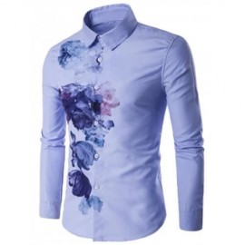 TURNDOWN COLLAR FLORALS WASH PAINTING PRINT LONG SLEEVE SHIRT (BLUE)