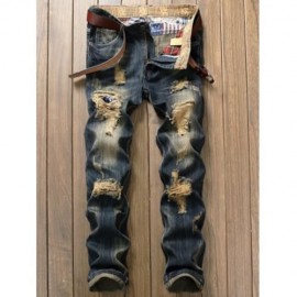 DESTROYED PATCH DESIGN FRAYED HEM JEANS (DENIM BLUE)
