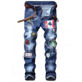 FLAG GRAPHIC PRINT STRAIGHT DISTRESSED JEANS (BLUE)