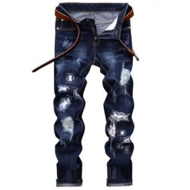 STRAIGHT LEG APPLIQUE INSERT DISTRESSED JEANS (DEEP BLUE)