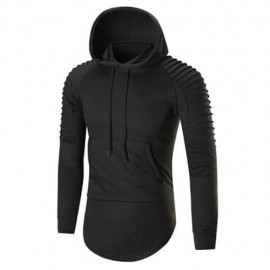 PLEATED TRIM DISTRESSED LONGLINE HOODIE (BLACK)