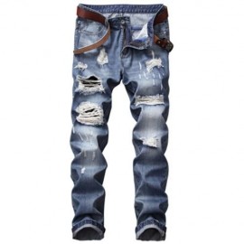 ZIPPER FLY STRAIGHT LEG BLEACHED EFFECT DISTRESSED JEANS (DENIM BLUE)
