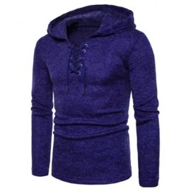 HOODED LACE UP LONG SLEEVE KNITTED SWEATER (ROYAL)