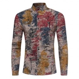 COLORFUL PLANTS TIE DYE PRINT COTTON LINEN SHIRT (RED)