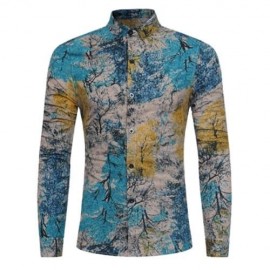 COLORFUL PLANTS TIE DYE PRINT COTTON LINEN SHIRT (LAKE BLUE)