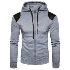 HOODED PU LEATHER PANEL ZIP UP HOODIE (LIGHT GRAY)