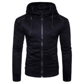 HOODED PU LEATHER PANEL ZIP UP HOODIE (BLACK)