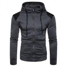 HOODED PU LEATHER PANEL ZIP UP HOODIE (DEEP GRAY)