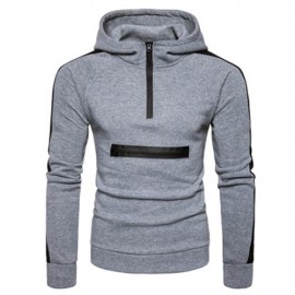 COLOR BLOCK PANEL ZIPPERS FLEECE PULLOVER HOODIE (LIGHT GRAY)