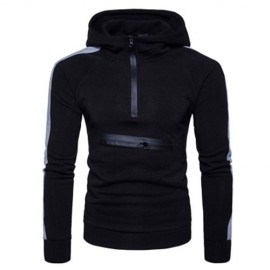 COLOR BLOCK PANEL ZIPPERS FLEECE PULLOVER HOODIE (BLACK)
