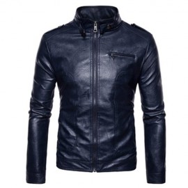 STAND COLLAR EPAULET FAUX LEATHER ZIP UP JACKET (CADETBLUE)