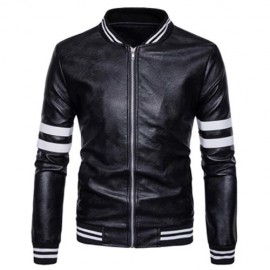 STRIPE ZIP UP FAUX LEATHER BASEBALL JACKET (BLACK)