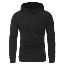 HOODED DRAWSTRING APPLIQUE CHECKED EMBOSSING HOODIE (BLACK)