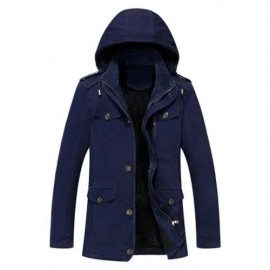EPAULET DESIGN DETACHABLE HOOD FLOCKING COAT (DEEP BLUE)