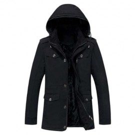 EPAULET DESIGN DETACHABLE HOOD FLOCKING COAT (BLACK)