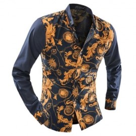 ORNATE PRINT LONG SLEEVE BUTTON-DOWN SHIRT FOR MEN (YELLOW)