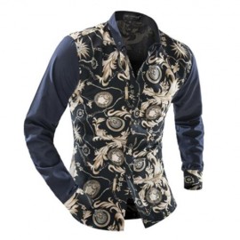 ORNATE PRINT LONG SLEEVE BUTTON-DOWN SHIRT FOR MEN (BEIGE)