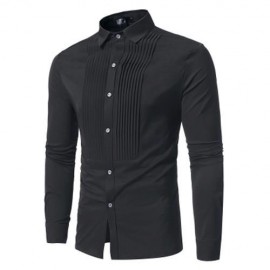 FRONT PLEATED CASUAL LONG SLEEVE SHIRT (BLACK)