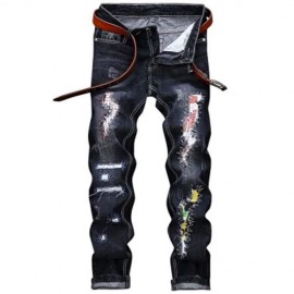 STRAIGHT LEG GRAPHIC APPLIQUE INSERT DISTRESSED JEANS (BLACK)