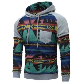 RAGLAN SLEEVE TRIBAL PRINTED PULLOVER HOODIE (LIGHT GRAY)