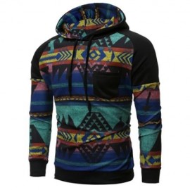 RAGLAN SLEEVE TRIBAL PRINTED PULLOVER HOODIE (BLACK)