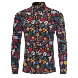 CARTOON FLORALS PRINT COTTON LINEN SHIRT (BLACK)