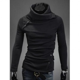 OBLIQUE BUTTONS EMBELLISHED TURTLE NECK LONG SLEEVE SWEATER (BLACK)