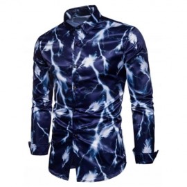 TURNDOWN COLLAR 3D LIGHTNING FEATHER PRINT SHIRT (CADETBLUE)