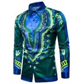TURNDOWN COLLAR TRIBAL PRINT COLOR BLOCK SHIRT (GREEN)
