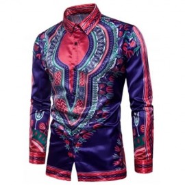 TURNDOWN COLLAR TRIBAL PRINT COLOR BLOCK SHIRT (CADETBLUE)