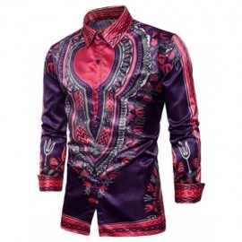 TURNDOWN COLLAR TRIBAL PRINT COLOR BLOCK SHIRT (PURPLE)