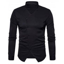 STAND COLLAR OBLIQUE BUTTON UP SHIRT (BLACK)