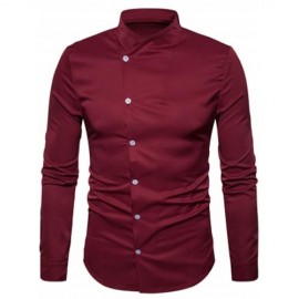 OBLIQUE BUTTON UP STAND COLLAR SHIRT (WINE RED)