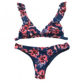 Plunge Neck Flounce Backless Padded Floral Print Low Waist Women Bikini Set (MIDNIGHT BLUE