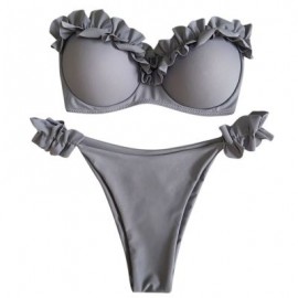 Sexy Strapless Padded Underwire Ruffle Solid Color Low Waist Women Bikini Set (LIGHT SLATE