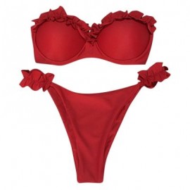 Sexy Strapless Padded Underwire Ruffle Solid Color Low Waist Women Bikini Set (RUBY RED)
