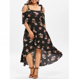 Plus Size Print Open Shoulder Flowy Dress (BLACK)
