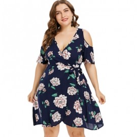 Plus Size Open Shoulder Wrap Dress (DEEP BLUE)
