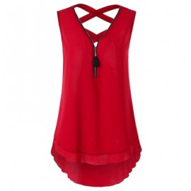 Half Zipper High Low Criss Cross Women Tank Top (RED)