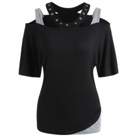 Shoulder Cut Half Sleeve T-shirt with Rivet (BLACK)
