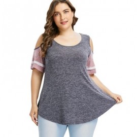 Plus Size Color Blocking Cold Shoulder Swing T-shirt (GRAY)