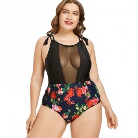 Plus Size Racerback Floral Swimsuit (BLACK)