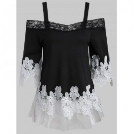 Lace Panel Open Shoulder Applique T-shirt (BLACK)